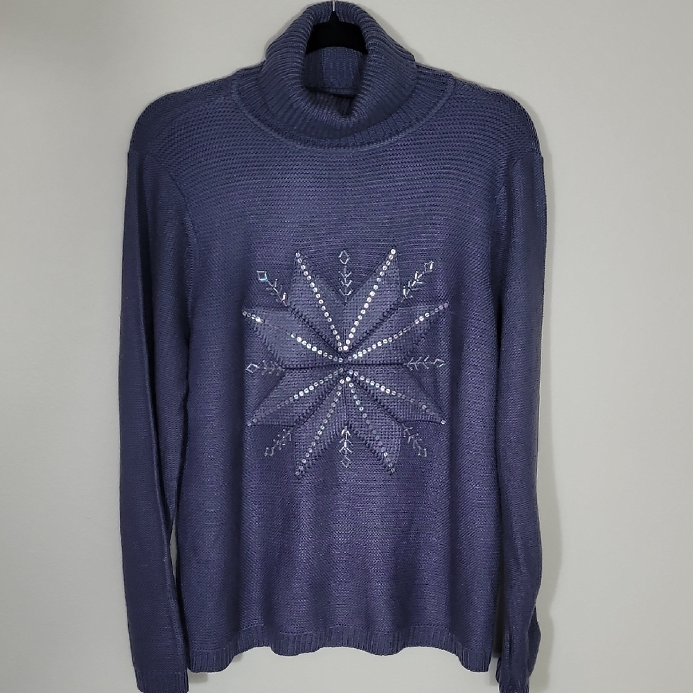 Style & Co Sequin Snowflake Sweater Size M Dusty Blue-Purple Turtleneck/Cowl